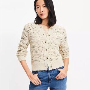 LOFT Beige Metallic Button-Up Cardigan